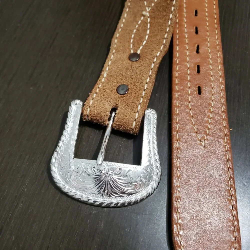 Justin Brown Tan Leather Reversible Belt Silver Buckle 32 Stitching Accents